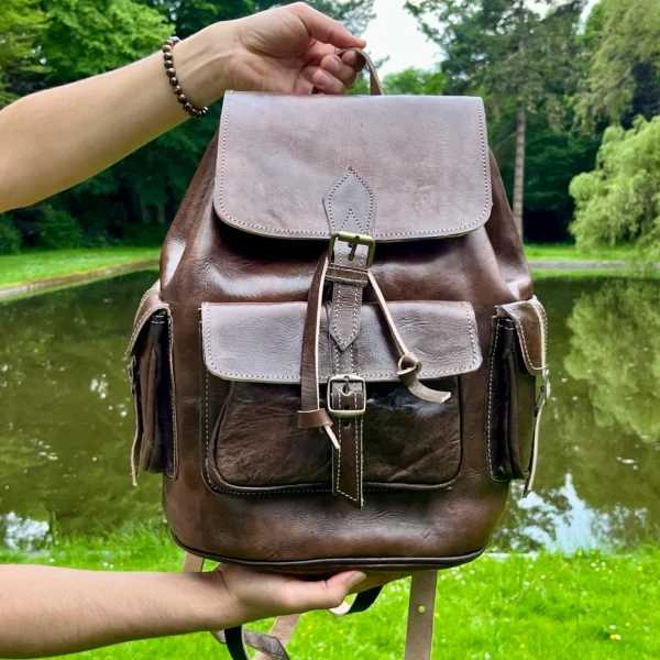 Vintage Moroccan Leather Backpack – Handmade Unisex Bag for Men and Women - Image 9