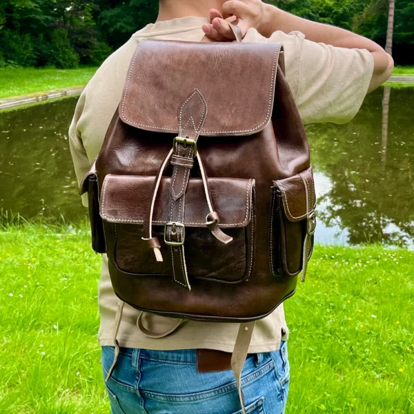 Vintage Moroccan Leather Backpack – Handmade Unisex Bag for Men and Women - Image 8