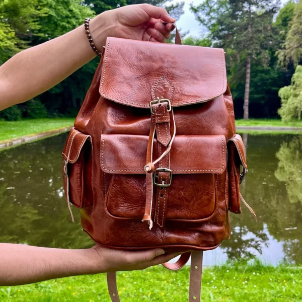 Vintage Moroccan Leather Backpack – Handmade Unisex Bag for Men and Women - Image 7