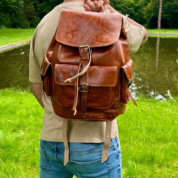 Vintage Moroccan Leather Backpack – Handmade Unisex Bag for Men and Women - Image 6