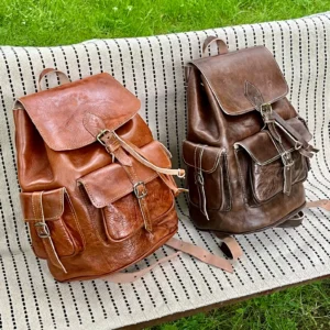Vintage Moroccan Leather Backpack – Handmade Unisex Bag for Men and Women