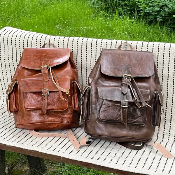Vintage Moroccan Leather Backpack – Handmade Unisex Bag for Men and Women - Image 3