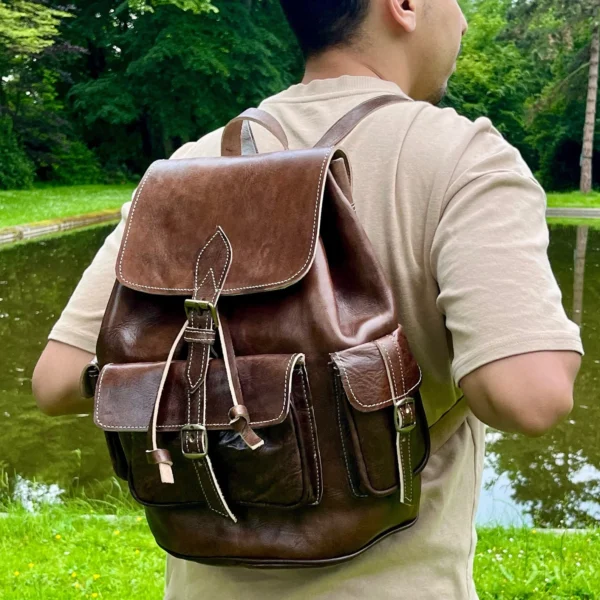 Vintage Moroccan Leather Backpack – Handmade Unisex Bag for Men and Women - Image 2