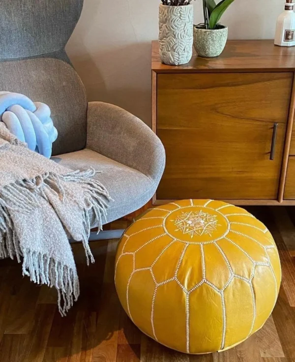 Moroccan leather pouf, Berber pouf, handmade round pouf - Image 3