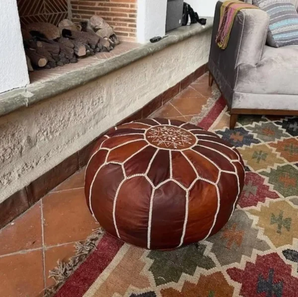Moroccan leather pouf, Berber pouf, handmade round pouf - Image 2
